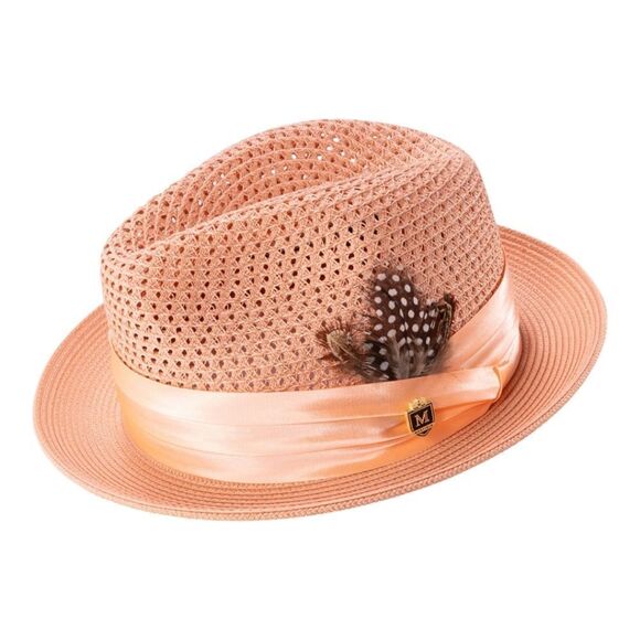 MONTIQUE MEN'S PEACH COLOR PINCH BRAIDED FEDORA WITH MATCHING SATIN RIBBON. H34 - Picture 1 of 1